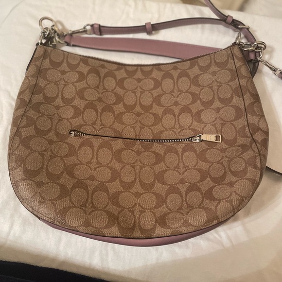 Coach Zip Shoulder Bag Signature Canvas Leather Khaki Lavender - Picture 2 of 9